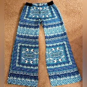 Love 21 Boho Print Flare Pants Size S Blue Wide Leg Palazzo Statement